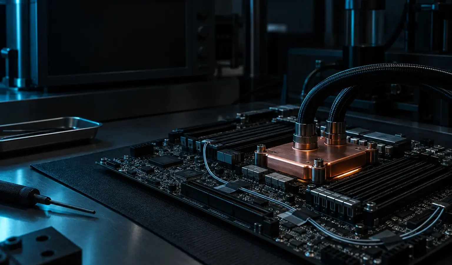 A thermal test bench with a copper cold block on a bare server board