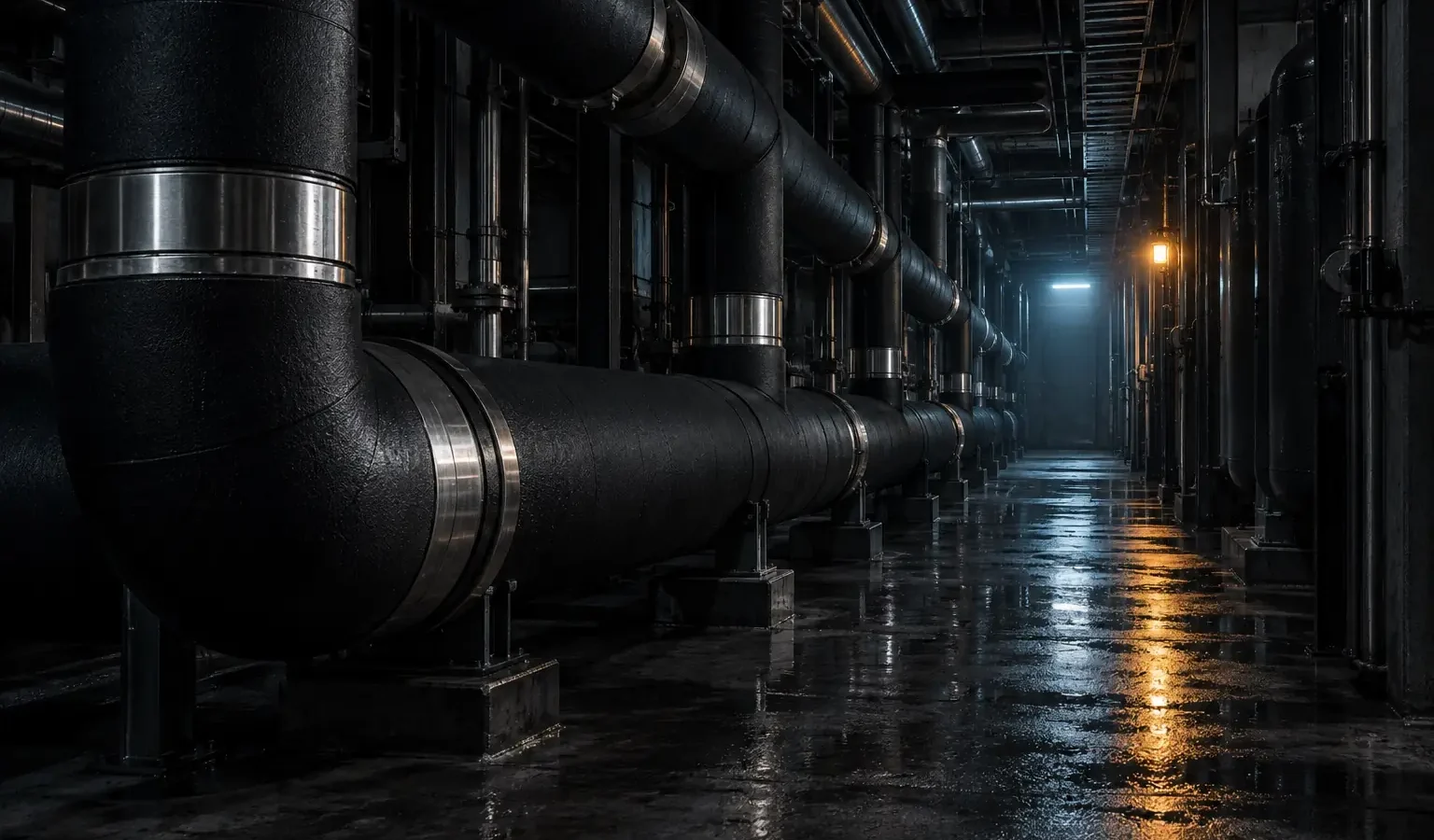 Insulated coolant pipework in a plant room
