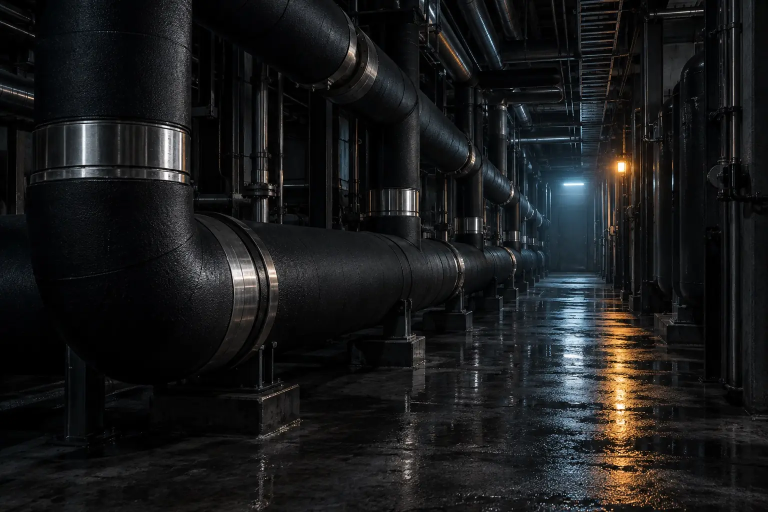 Insulated coolant pipework in a plant room