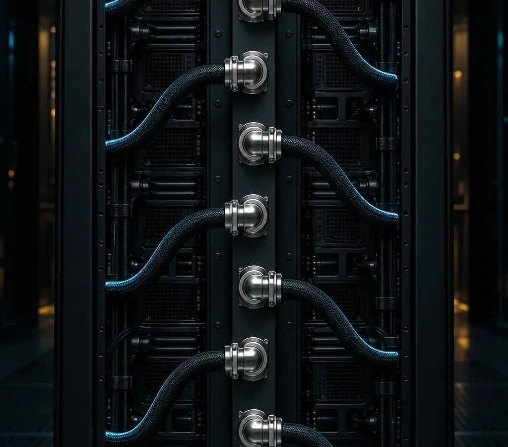 The rear of a liquid-cooled rack with its manifold