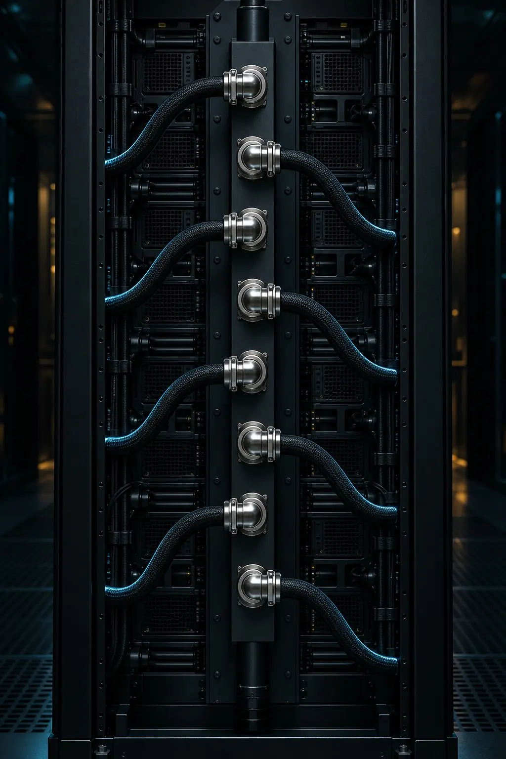 Rear of a liquid-cooled rack with the manifold in place
