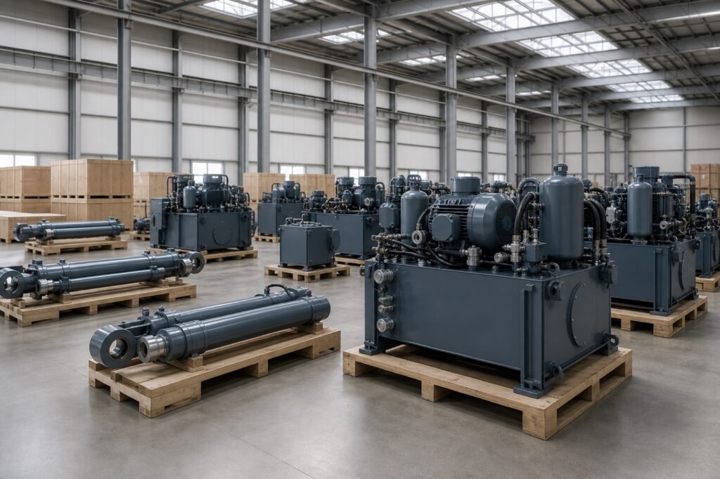 Hydraulic power units and cylinders staged in a bright final assembly hall