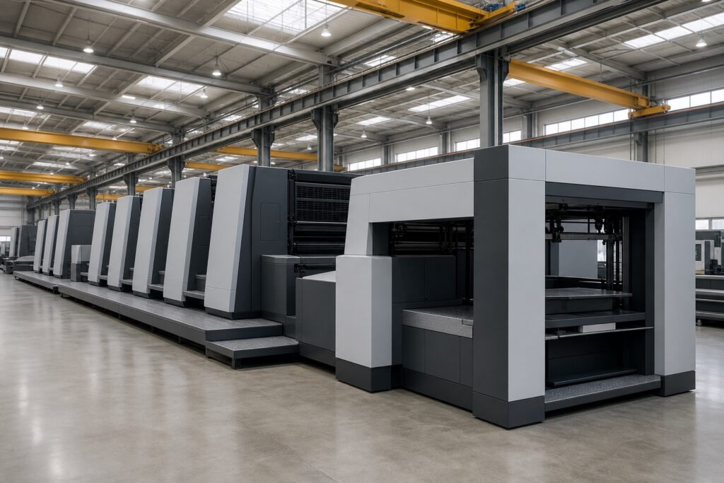 Large printing press units lined up in a bright final assembly bay
