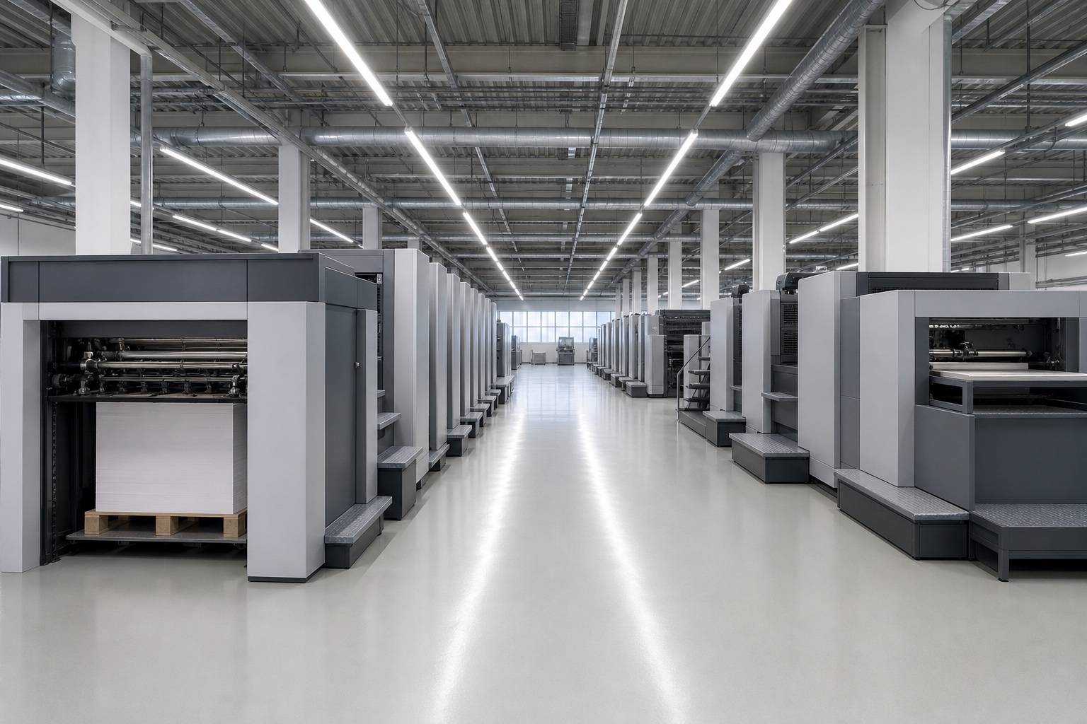 Rows of large printing presses along a polished floor in a modern production hall