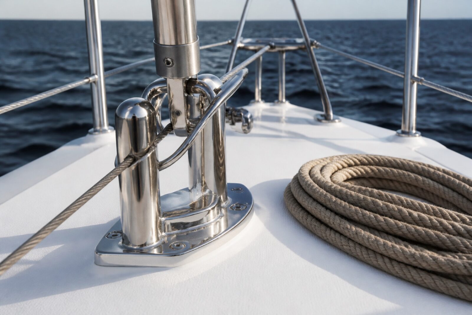 Foredeck of a sailing yacht under way