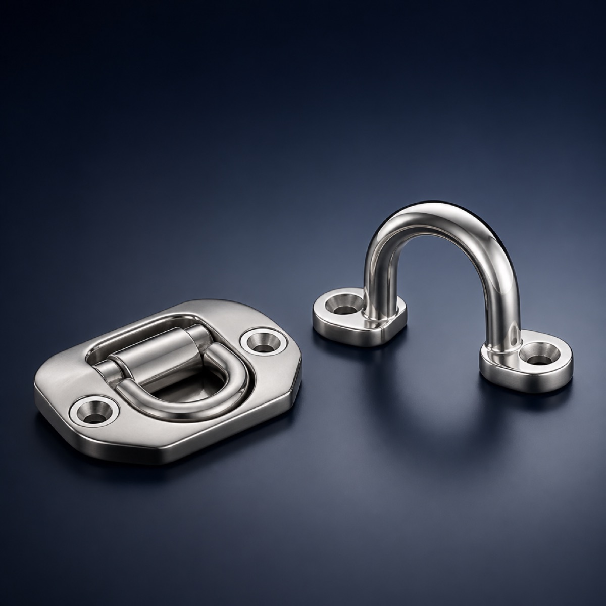 Forged stainless steel pad eye and U-bolt deck fittings