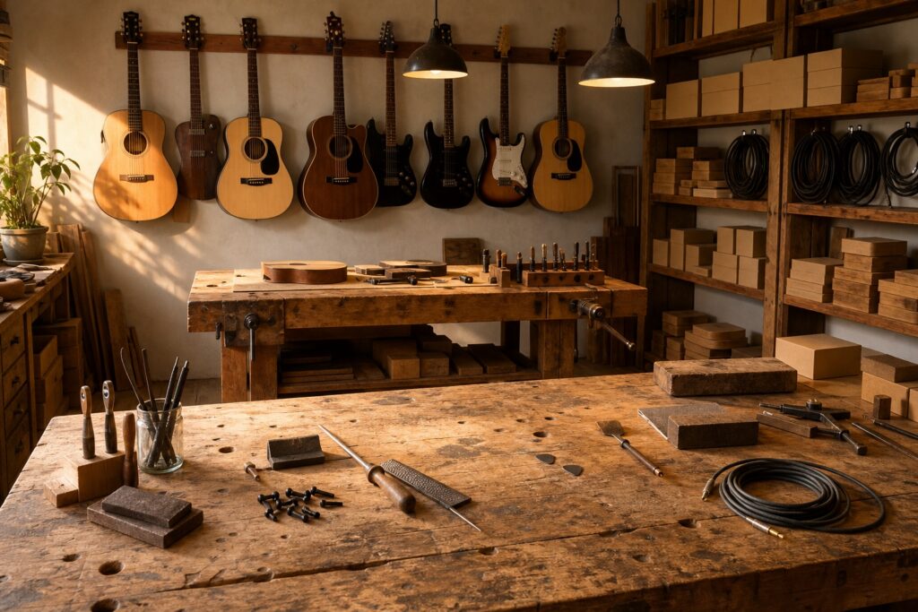 Warm guitar workshop interior with workbenches, hanging guitars and pendant lamps
