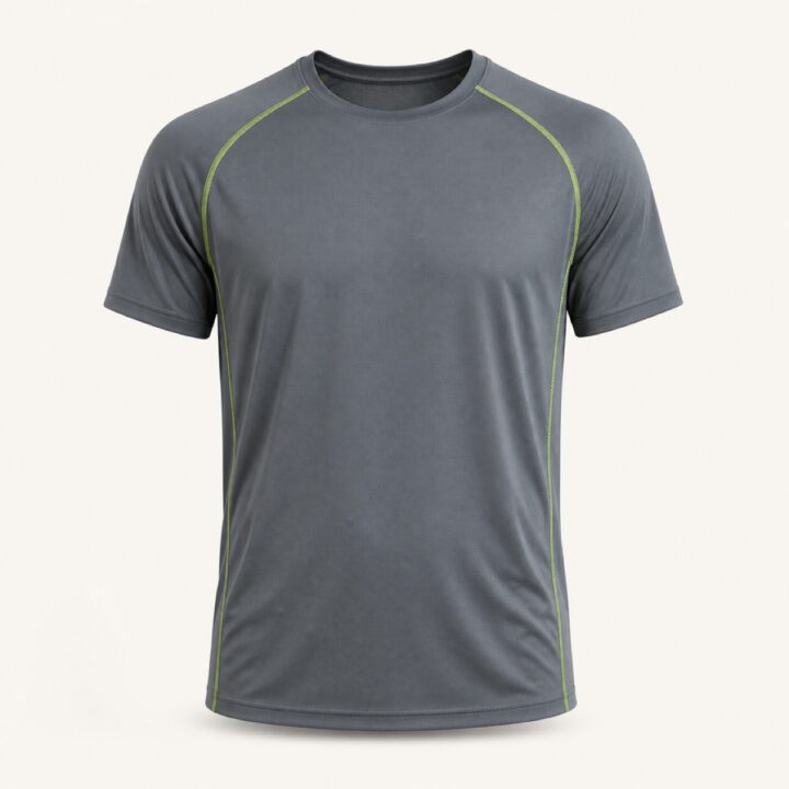Grey short-sleeve running tee with lime piping along the raglan seams, laid flat