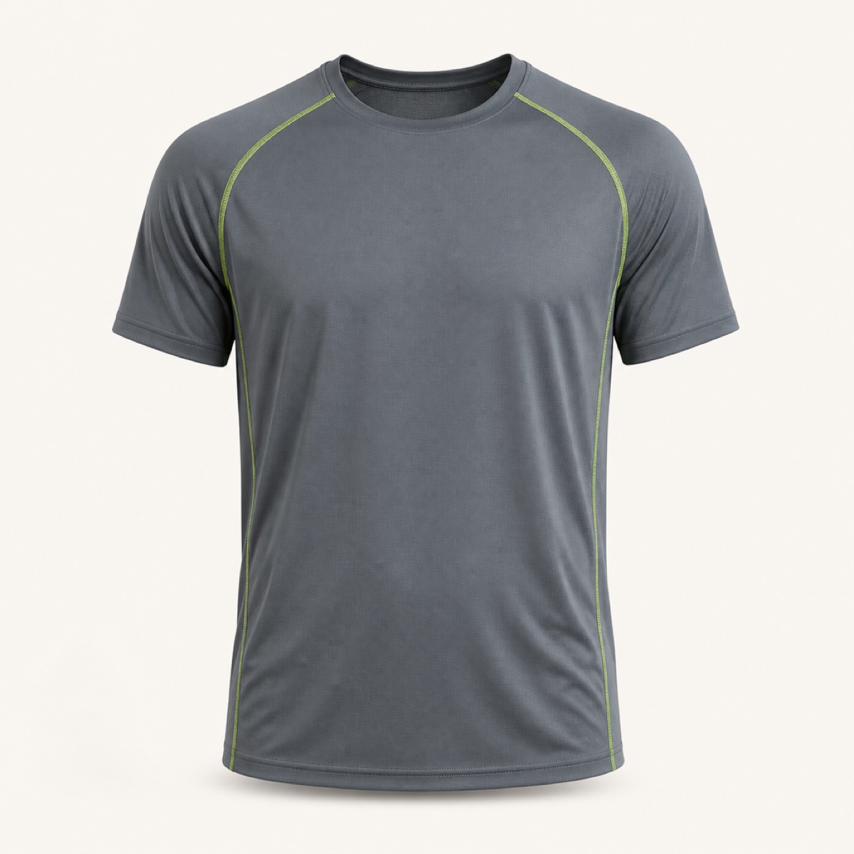 Grey short-sleeve running tee with lime piping along the raglan seams, laid flat