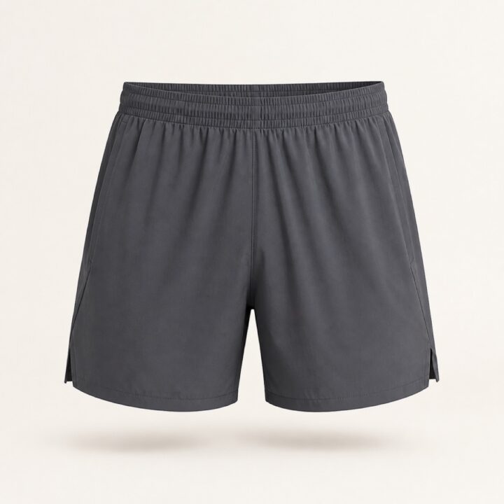 Grey five-inch woven running short with an elasticated waistband, laid flat