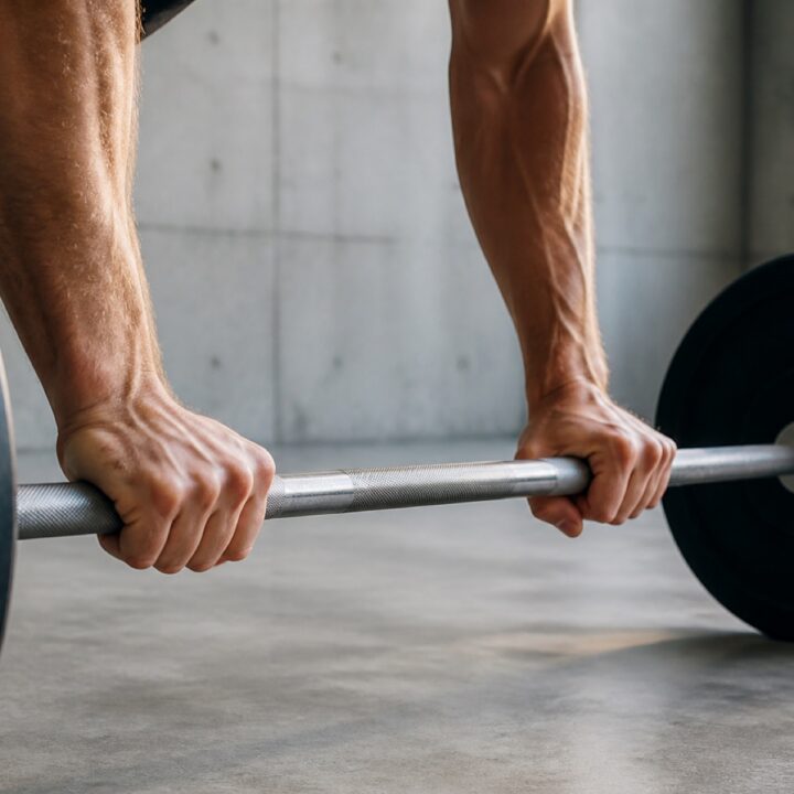 Athlete's hands gripping a barbell in a bright minimal concrete gym