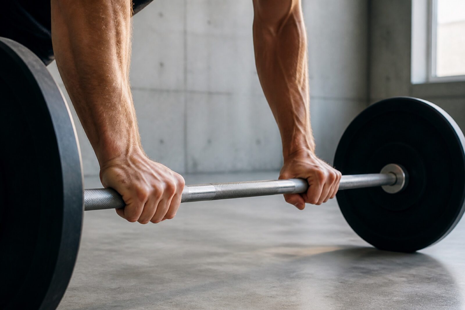 Athlete's hands gripping a barbell in a bright minimal concrete gym