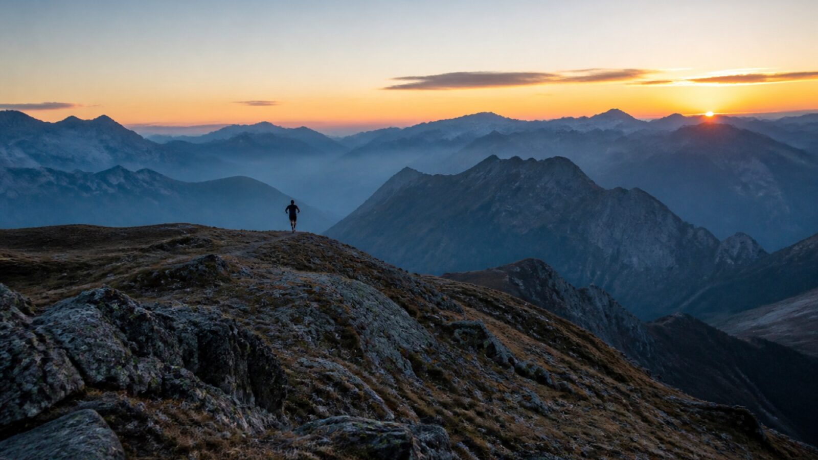 Lone trail runner on a mountain ridge at sunrise
