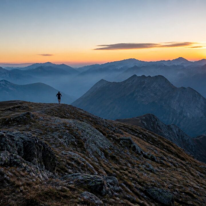 Lone trail runner on a mountain ridge at sunrise