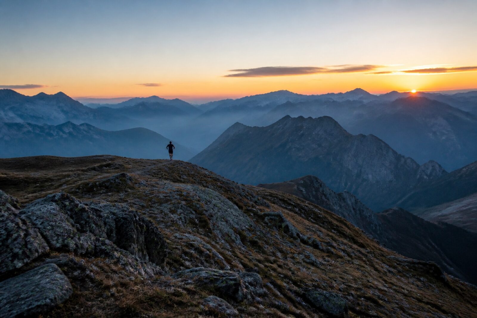 Lone trail runner on a mountain ridge at sunrise