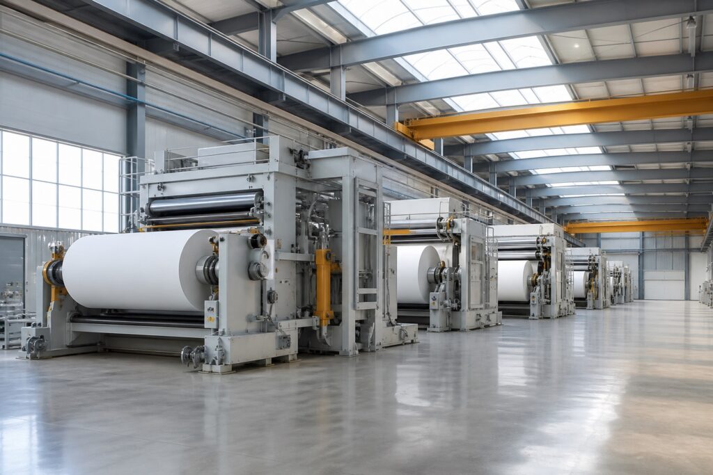 Completed paper machine sections lined up in a bright final assembly hall