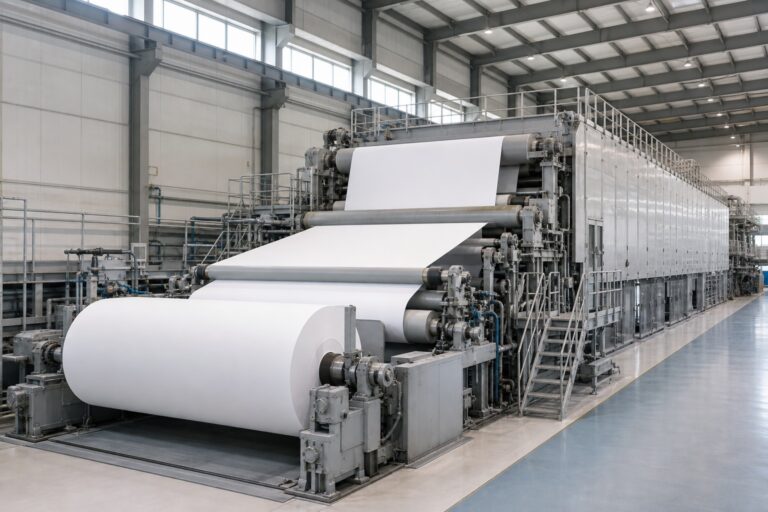 Complete paper machine line running a blank white web through a bright machine hall