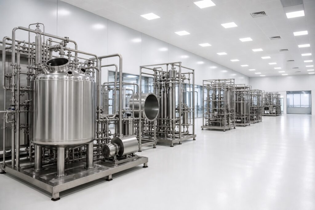 Stainless pharmaceutical process machines lined up in a bright final assembly hall