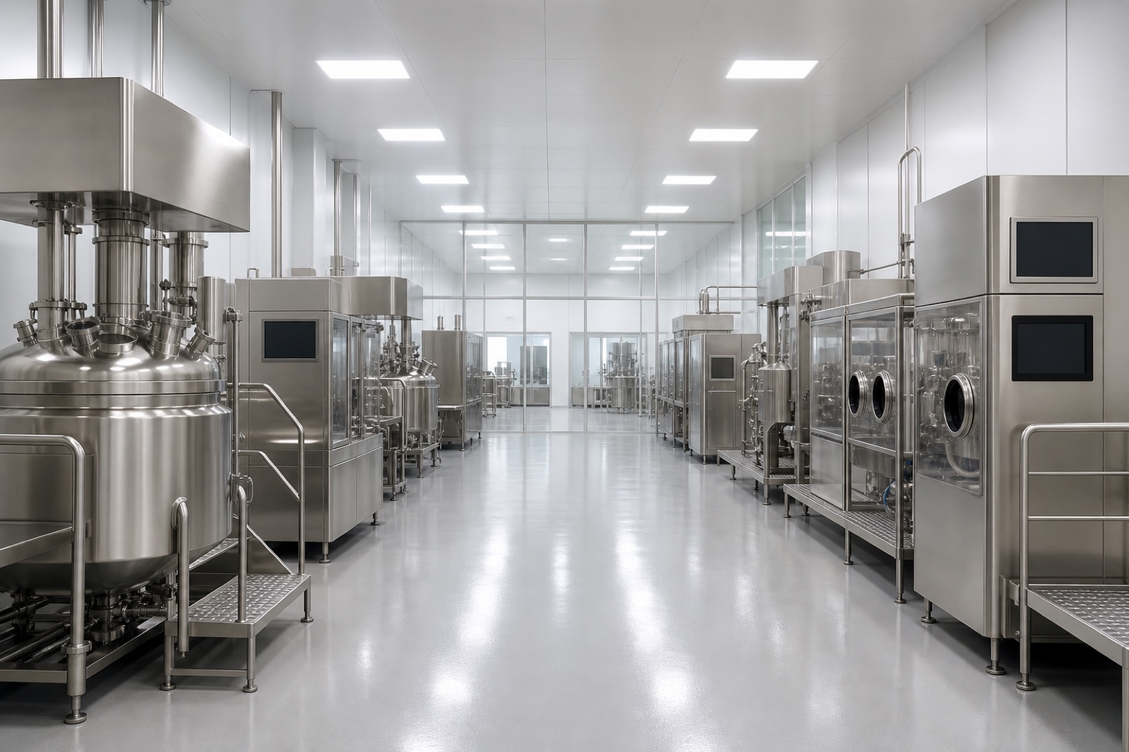 Bright pharmaceutical cleanroom production hall with rows of stainless processing equipment