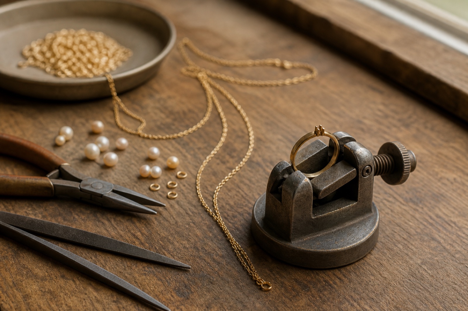 Macro view of a jewelry workbench with fine gold-tone chains, pearls and tools