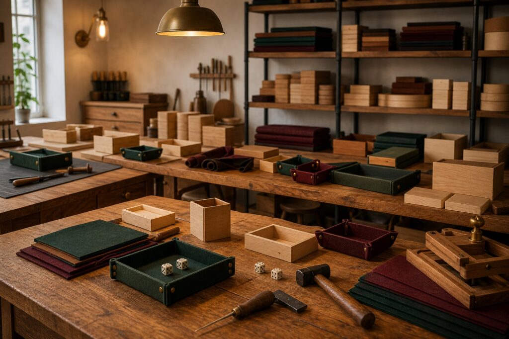 Warm workshop studio with workbenches of wooden dice trays, felt sheets and tabletop accessories in progress